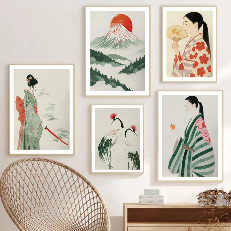 Japanese Minimalist Lifestyle - Гора Фудзи и журавль, японский настенный